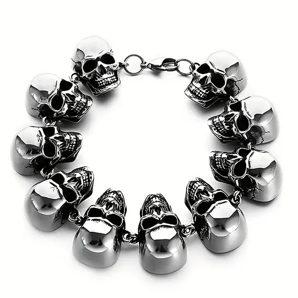 New! MEN'S 10 Skull Link Bracelet. 8" - Picture 1 of 6